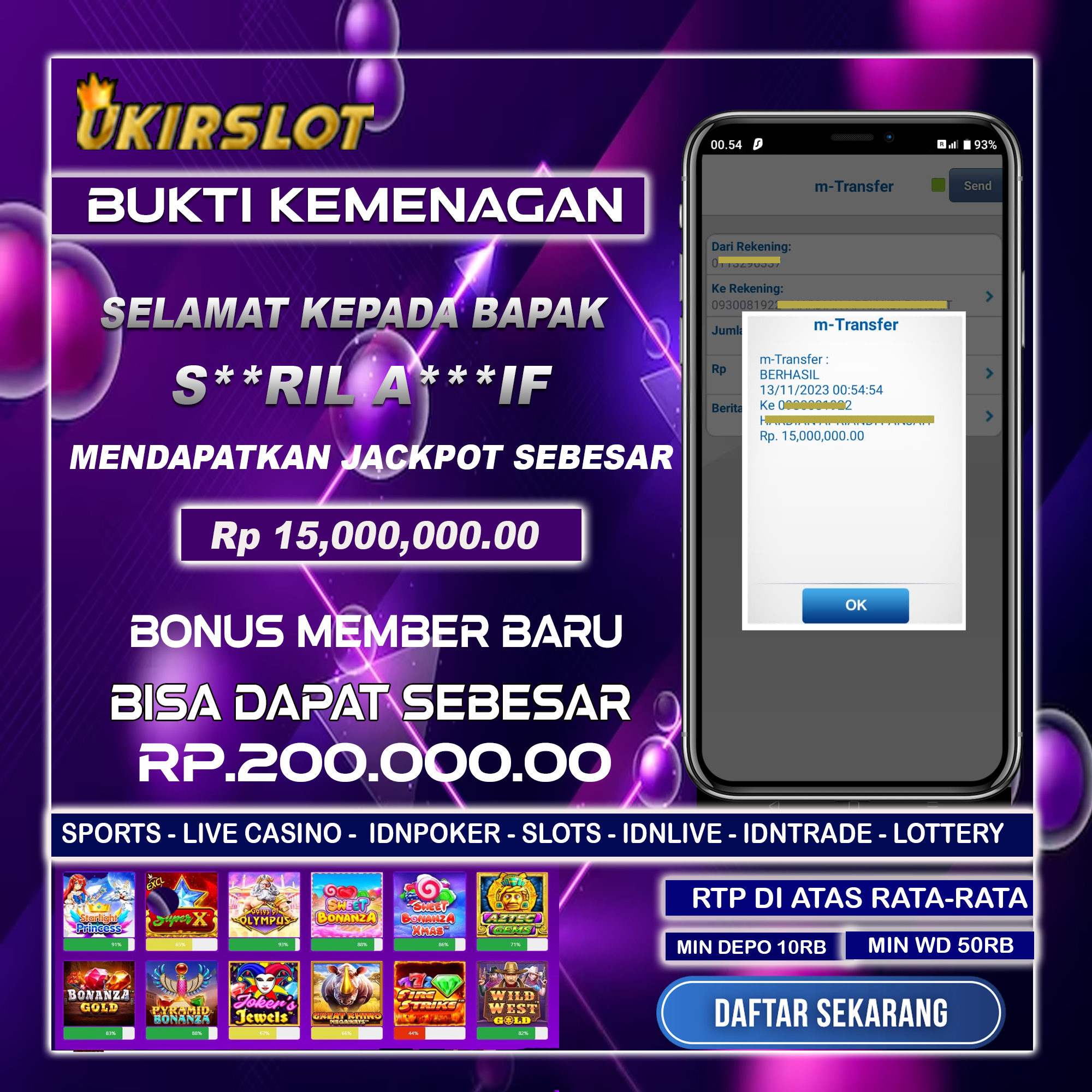 Bukti Kemenangan Bermain Slot Game Tanggal 13 November 2023