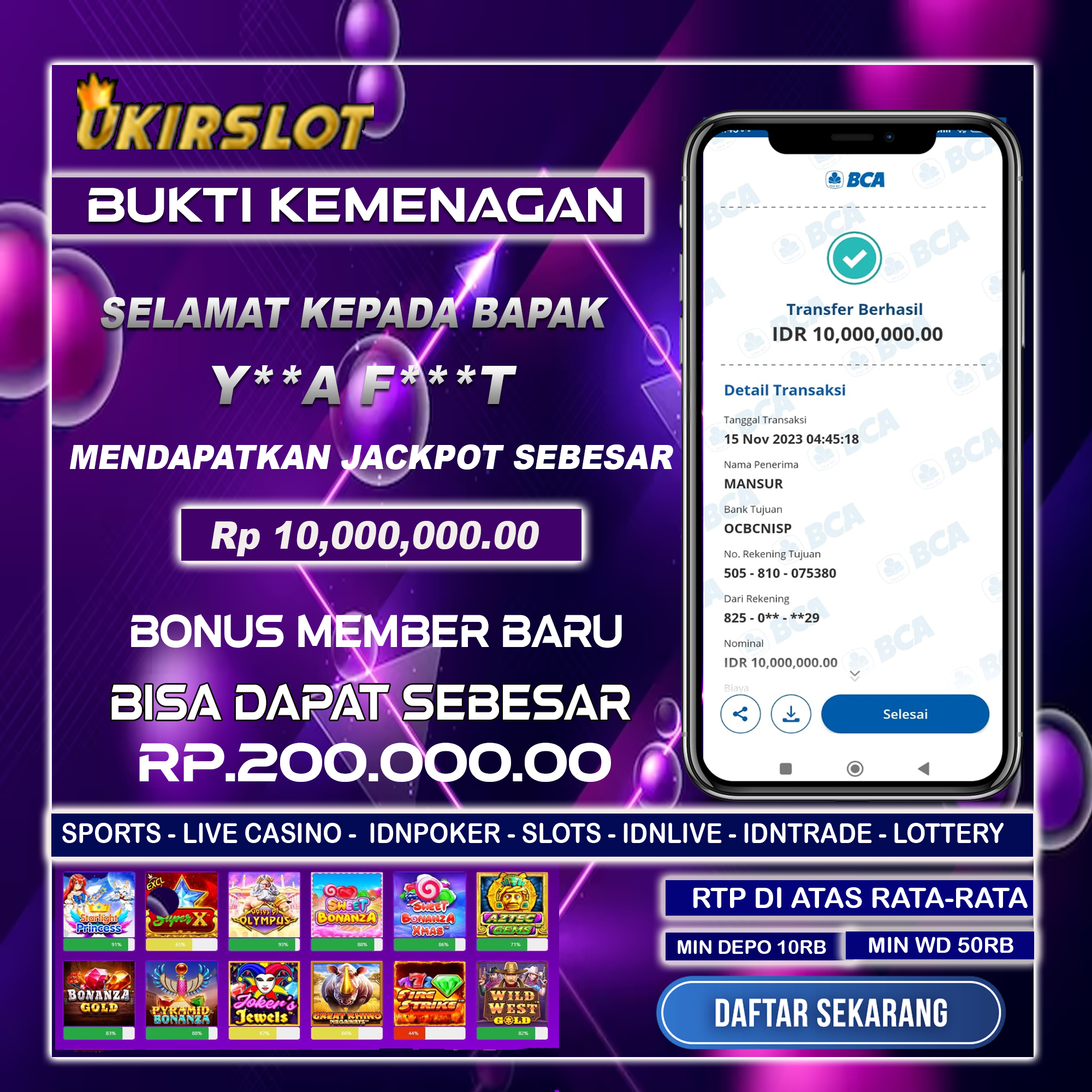 Bukti Kemenangan Bermain Slot Game Tanggal 15 November 2023